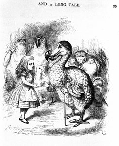 Alice im Wunderland: Begegnung von Alice mit einem Dodo von Lewis Carroll, Illustration der Erstausgabe von Tenniel