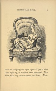 Alice sitzt in einem Stuhl und spielt mit einem Kätzchen von John Tenniel