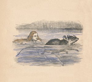 Alice schwimmt mit einer Maus in einem Teich, 1889