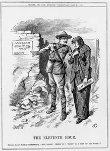 Burenkrieg: Baden Powell ermutigt Mafeking, durchzuhalten. Lord Roberts versprach, sie bis zum 18. Mai zu entlasten. John Tenniel Karikatur aus Punch, 9. Mai 1900.