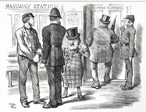 Karikatur über die Forderungen nach einem Blocksystem-Signal, das auf den britischen Eisenbahnen verpflichtend eingeführt werden soll