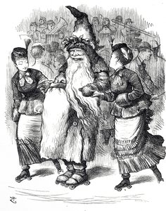 Karikatur, die den Weihnachtsmann auf Rollschuhen zeigt