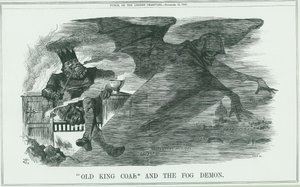 Auswirkungen des Verbrennens von Old King Coal auf London. Der Nebel verursachte Asthma, Bronchitis, Pneumonie, Pleuritis usw. John Tenniel Karikatur aus Punch, London von John Tenniel