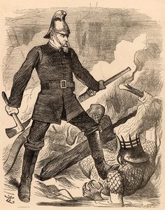 Eyre Massey Shaw bekämpft Feuer, aus "Punch" London, 20. August 1887 (Gravur) von John Tenniel