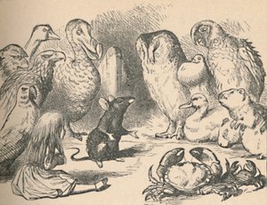 Illustration für das Kapitel ein Caucus-Rennen und ein langer Schwanz. Alice und verschiedene Kreaturen