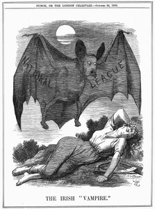 Irische National League, mit dem Gesicht von Charles Stewart Parnell (1846-1891), dargestellt als Vampir, der sich an Irland vergreift. John Tenniel Karikatur aus Punch London, 24. Oktober 1885. Gravur von John Tenniel
