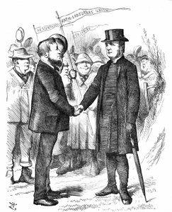 Joseph Arch (1826-1919) englischer Gewerkschafter, Politiker und Landarbeiter. Gründer der National Union of Farm Labourers. Arch begrüßt den Bischof von Manchester, der die Gewerkschaft in einem Brief an The Times unterstützte. John Tenniel Karikatur aus  von John Tenniel