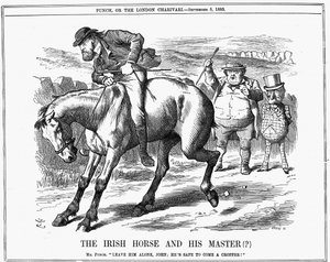 Mr. Punch sagt John Bull, er solle Charles Stewart Parnell (1846-1891), irischer Politiker, ignorieren, da er sicher scheitern wird, wenn er das irische Pferd reitet. John Tenniel Karikatur aus Punch, London, 5. September 1885. Gravur
