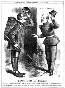 Napoleon III., französischer Kaiser 1852-1870, als Lumpensammler (Chiffonnier) verkleidet, von Otto von Bismarck, dem preußischen Kanzler, gewarnt. Napoleons territoriale Ambitionen führten zum Deutsch-Französischen Krieg von 1870-71. John Tenniel Karikatu