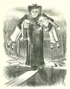 Set Down Two, and Carry One?: Gladstone, der britische Premierminister, in einer Zwickmühle, welchen der umstrittenen irischen Gesetzentwürfe er fallen lassen soll. John Tenniel Karikatur aus Punch, London, 3. April 1886. von John Tenniel