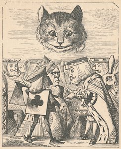 Die Grinsekatze schaut auf den Roten König und die Rote Königin, die sich streiten