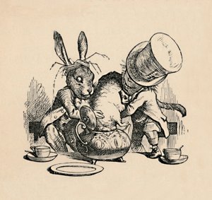 Der verrückte Hutmacher und der März-Hase versuchen, das Murmeltier in eine Teekanne zu stecken, 1889 von John Tenniel
