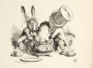 Der verrückte Hutmacher und der März-Hase stecken die Schlafmaus in die Teekanne, aus Alice im Wunderland von Lewis Carroll, veröffentlicht 1891 von John Tenniel