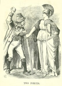 Zwei Kräfte: Irische Land League verboten. Britannia schützt Hibernia (Irland) mit der Kraft des Gesetzes gegen die Kraft der Anarchie. John Tenniel Karikatur aus Punch, London, 29. Oktober 1881.