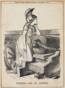 Warten auf eine Antwort. Nach einem Ultimatum an die USA vergingen mehrere Wochen, während die Briten auf eine amerikanische Antwort warteten. Großbritannien dargestellt als Britannia, bereit für militärische Aktionen gegen die Vereinigten Staaten wegen de von John Tenniel