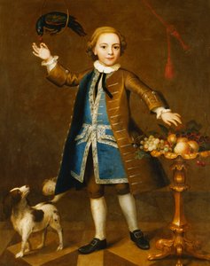 Porträt eines Jungen, Ganzfigur, in einem braunen Mantel, blauer Weste mit Silberborte, eine Kirsche einem Papagei haltend, ein Spaniel an seiner Seite, mit Früchten auf einem Stand, 1741 von John Theodore Heins