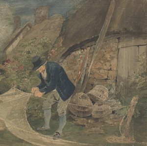 Ein alter Fischer repariert Netze mit einem Cottage im Hintergrund von John Thirtle