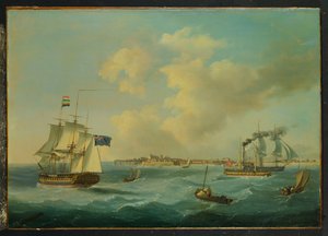 Eine 44-Kanonen-Fregatte, ein Passagierdampfer und andere Schiffe vor St. Peter Port, Guernsey, 1825