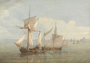 Eine Hoy und ein Lugger mit anderen Schiffen auf ruhiger See