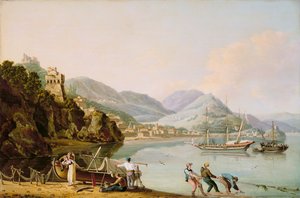Ein italienischer Hafen mit einem genuesischen Chebec vor Anker
