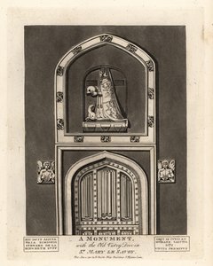 Grabfigur von Alicia, Tochter von Simon Steward, mit der alten Sakristeitür in St. Mary le Savoy von John Thomas Smith