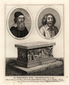 Ovale Porträts der Naturforscher und Sammler John Tradescant der Ältere und Jüngere und ihr Grabdenkmal im Kirchhof von St. Mary Lambeth