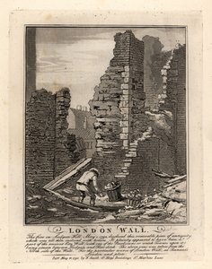 Ruinen der römischen Londoner Mauer, freigelegt durch das Feuer im Mai 1792 auf dem Ludgate Hill