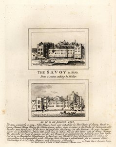 Das Savoy Hospital im Jahr 1650 nach einem Druck von Wenceslaus Hollar und in Ruinen im Jahr 1792 von John Thomas Smith