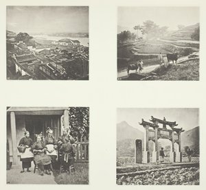 Teil der Foochow-Ausländersiedlung, Terrassierung der Hügel, Foochow-Feldfrauen, ein Gedenkbogen, um 1868