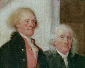 Entwurf der Unabhängigkeitserklärung, 28. Juni 1776, Detail von Thomas Jefferson und Benjamin Franklin (Detail) von John Trumbull