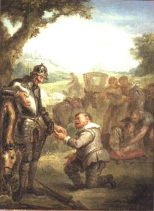 Don Quixote nach dem Duell mit dem tapferen Biscayaner, lehnt sich auf sein Pferd Rosinante, während Sancho Panchez die Gouverneurschaft der Insel Barataria fordert, Szene aus Cervantes