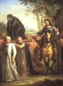 Don Quijote hält eine Prozession mit einer Statue der Jungfrau Maria für eine Frau, die gegen ihren Willen mitgenommen wird, aus Cervantes