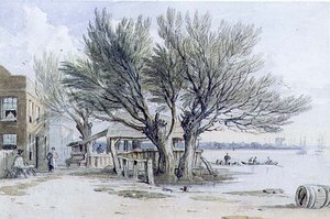 Gebäude und beschnittene Bäume am Ufer der Themse, Millbank von John Varley