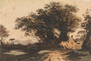Landschaft mit einer Baumgruppe nahe einer Straße und einem Bach
