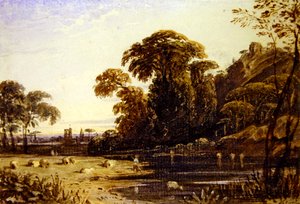 Landschaft mit einem Turm auf einem Hügel