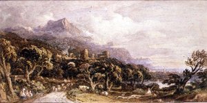 Landschaft mit Schloss und Berg