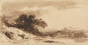 Flusslandschaft mit Zwei Figuren, See und Entfernten Bergen von John Varley