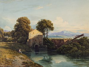 Wassermühle mit fernem Schloss und Hügeln