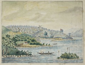Eine Ansicht einer britischen Kolonie. Im Vordergrund Eingeborene in einem Kanu, aus einem Tagebuch an Bord des Minerva-Transports, von Irland nach New South Wales und Bengalen, von John Washington Price