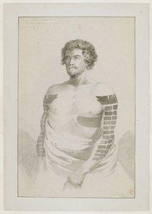(Gesamte Zeichnung) Porträt eines Häuptlings von Borabora, [Puni?]; ein bärtiger Mann mit stark tätowierten Armen und einem großen Fleck auf seiner linken Seite. Dezember 1777 von John Webber