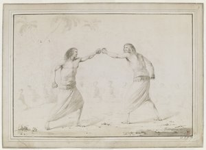Zwei Männer beim Boxen, mit Zuschauern, die in einem Halbkreis sitzen, und Palmen, die im Hintergrund schwach skizziert sind von John Webber