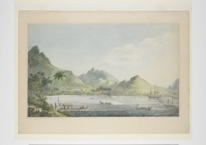 16: Eine Ansicht von Huaheine, aus einer Serie von Aquarellen, die Captain Cooks letzte Reise illustrieren, ca. 1773-84