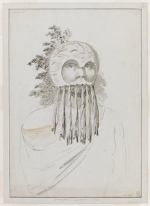 Ein Mann von den Sandwichinseln in einer Maske. Ein Mann von den Sandwichinseln in einer Maske, bestehend aus einer Schüsselkopfbedeckung mit Ausschnitten für die Augen. von John Webber