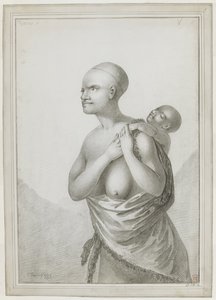 [Ganzes Zeichnung] Eine tasmanische Frau, die ein Kind auf ihrem Rücken trägt, mit einer Haut von ihrer linken Schulter um ihre Taille geschlungen. Januar 1777