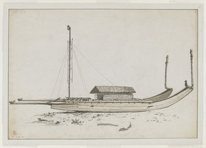 Ein doppeltes Reisekanu von Otaheite [Tahiti], mit aufwendigen Schnitzereien von John Webber