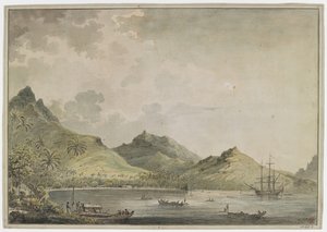 [Gesamte Zeichnung]. Ein Blick auf den Hafen von Huahine [Fare Harbour] mit spitzen Bergen, darunter der Mount Turi, im Hintergrund. In der Bucht befindet sich die 
