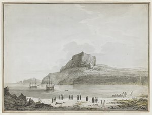 [Gesamte Zeichnung] Ansicht des Weihnachts-Hafens, Kerguelen-Insel, mit der Discovery und der Resolution vor Anker. Zwei Schiffsboote sind draußen, eines landet Seeleute am Ufer. Im Vordergrund zwanzig Pinguine in Gruppen und ein Seelöwe. 25.-30. Dezember  von John Webber