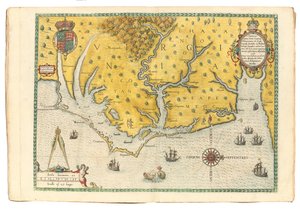 Karte von Virginia, die die Ankunft der Expedition von Sir Walter Raleigh im Jahr 1585 zeigt von John White