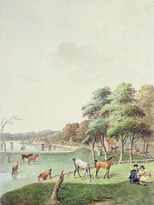 Das Ostende der Serpentine und eine entfernte Ansicht des Badehauses, 1794 von John White Abbott