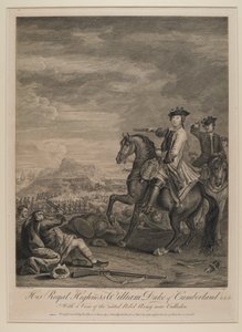 H.R.H. William, Herzog von Cumberland, mit Blick auf die geschlagene Armee bei Culloden, 1746, veröffentlicht von B. Baron, 1747